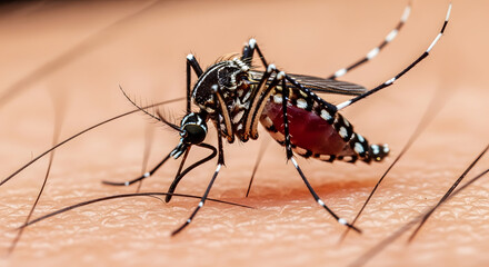 Fototapeta premium Macro extreme close up of mosquito with blood filled abdomen on human skin insect