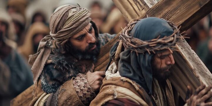 Simon of Cyrene Helping Jesus Carry the Cross on the Road to Calvary