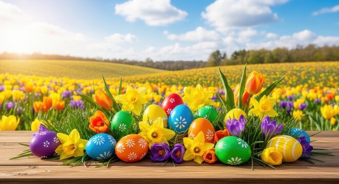 Colorful easter eggs decorating a sunny outdoor wooden table with blooming flowers.