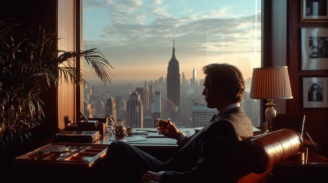 Cinematic film photograph of a man in a dark tailored suit drinking coffee in a luxurious high-rise office. Seated in profile in a vintage leather club chair. Behind him, a massive window frames the N
