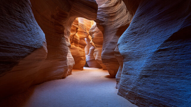 Antelope Canyon at night, sinuous slot canyon walls of layered sandstone glowing in warm ochre