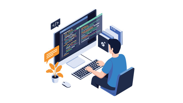 Isometric software developer working on code at a computer desk with code snippets and chat bubbles visible.
