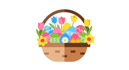 Fototapeta premium Cheerful flat illustration of a delightful Easter basket filled with vibrantly decorated eggs and blooming spring flowers, perfect for holiday celebrations and greetings