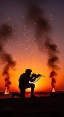 Naklejka premium Soldier in Combat Position with Explosions Against Sunset Background