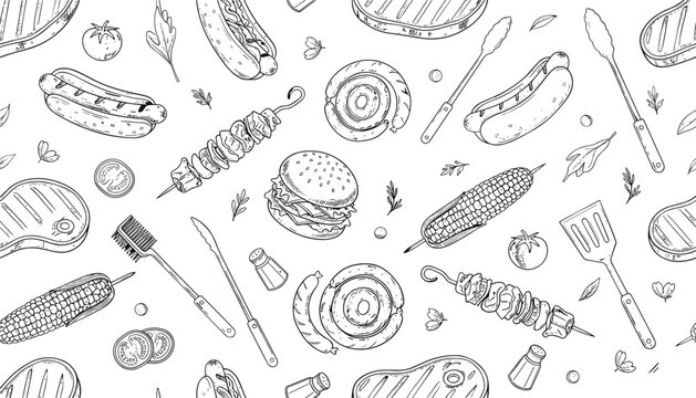 Vector illustration of barbecue pattern with grilled meats, vegetables, and cooking tools for outdoor summer gatherings