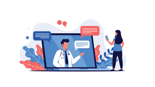 Online medical consultation concept with a woman talking to a doctor through a video call on a laptop computer.