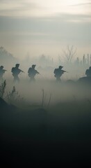 Naklejka premium Soldiers in Silhouette Marching Through Fog in Mysterious Landscape