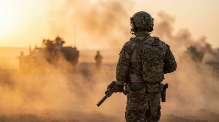 Naklejka premium Soldier in Tactical Gear Overlooking Military Operation at Sunset