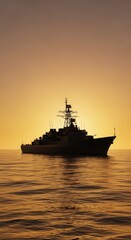 Obraz premium Silhouette of a Navy Warship at Sunset Over Calm Ocean Waters