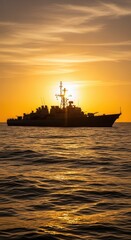 Fototapeta premium Silhouette of a Naval Ship Against a Stunning Sunset Horizon