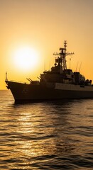 Fototapeta premium Sunrise Scene with Military Ship Silhouette on Calm Water