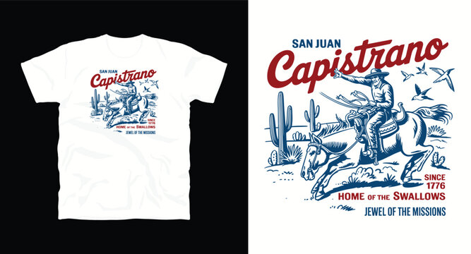 San juan capistrano jewel of the missions vintage cowboy riding horse illustration