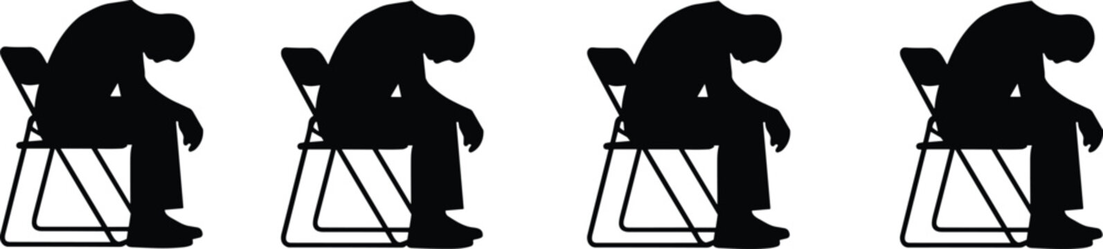 Vector illustration of seated human silhouettes showing slouched posture and increasing body size progression
