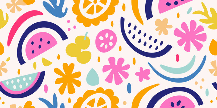 Colorful abstract fruits and floral shapes create a playful pattern