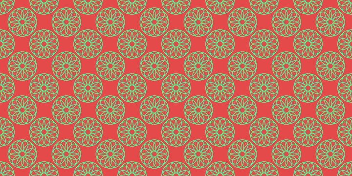 Seamless pattern with green geometric mandala ornaments on a vibrant red background. High-contrast floral symmetry for textiles, wallpapers, and festive digital art projects.