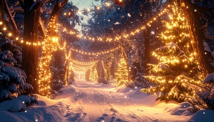 Fototapeta premium A snowy forest path glows with golden fairy lights, transforming trees into a festive, magical winter wonderland scene