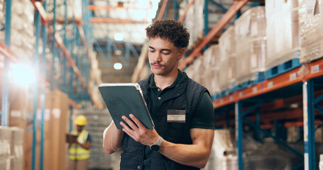 Man, logistics and checking inventory with tablet in warehouse for stock control. Person, employee...