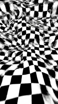 Abstract wavy black white distorted checkerboard pattern flowing seamless optical illusion VJ loop background animation for vertical mobile screen with monochromatic geometric ripple.