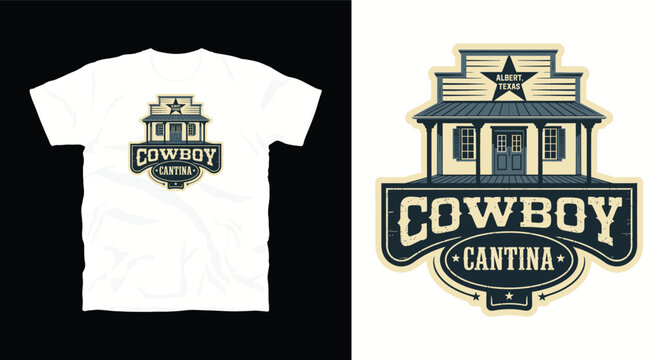 Cowboy cantina vintage badge design featuring old wooden saloon building in Albert Texas with classic western typography
