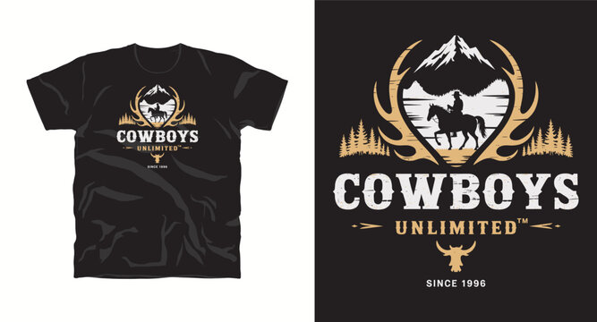 Cowboys unlimited vintage emblem with horse rider silhouette and deer antlers against mountain forest background since 1996