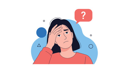 Obraz premium Stressed woman looking confused with a question mark in a thought bubble representing anxiety and uncertainty.