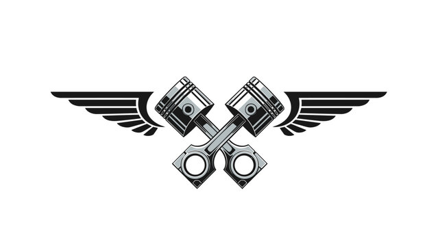 Vintage style illustration of two crossed engine pistons with spread wings representing power and speed.