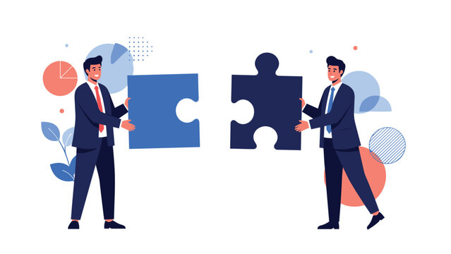 Pair of businessmen working as a team to connect two large blue puzzle pieces to solve a complex problem.