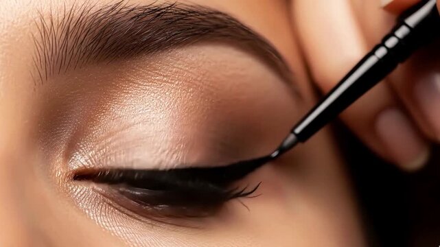 Applying Black Eyeliner on Brown Eye with Shimmer Eyeshadow, Beauty Tutorial Concep