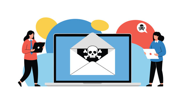 Illustration of a laptop displaying a dangerous phishing email with skull and crossbones icon representing a cyber security threat.