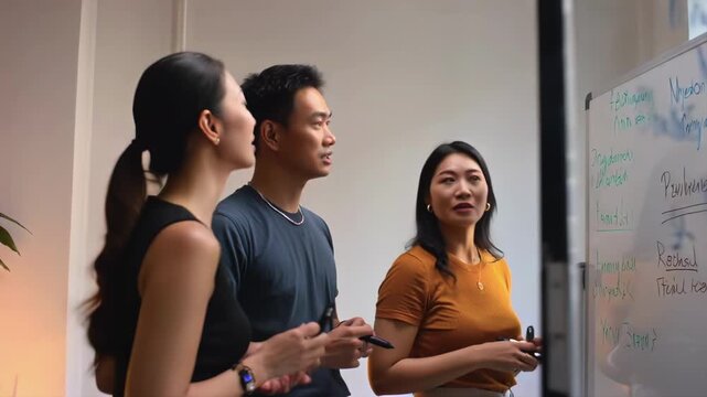 Asian team at glass board collaborating product designer developer strategist sketch metrics on board during evening workshop warm lighting focused expressions animated discussion marker
