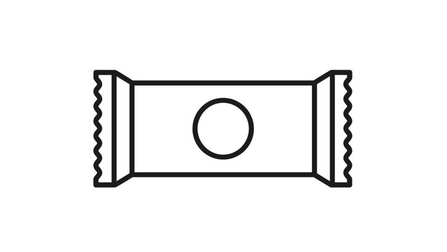 Minimalist black and white line art illustration of a rectangular food packaging wrapper with a circular label and serrated edges.