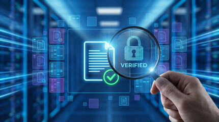 Fototapeta premium Magnifying glass focuses on a digital document with a green checkmark, symbolizing file verification, data approval, audit, search and secure document review in a high-tech digital environment.