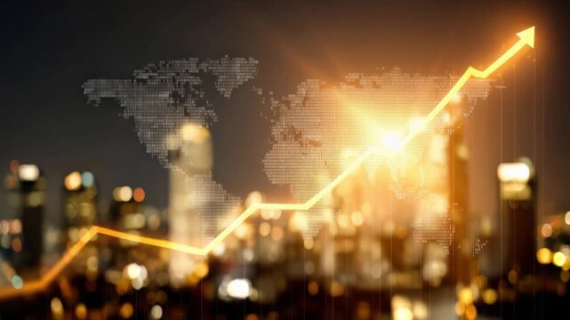 Illustrating the upward trajectory of a global business, a glowing arrow pierces through a city skyline, symbolizing progress and expansion. ..Created with Generative AI, not depicting real subjects.