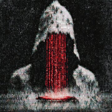 Abstract visualization of a cyber attack, red matrix code falling on a silver padlock, glitch effect.