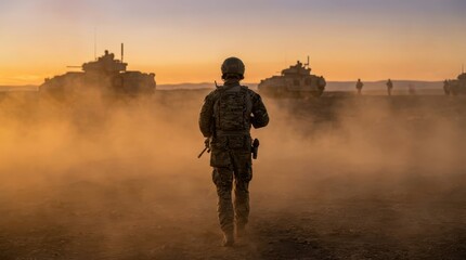 Naklejka premium Soldier Walking Amidst Dusty Landscape at Sunrise with Tanks