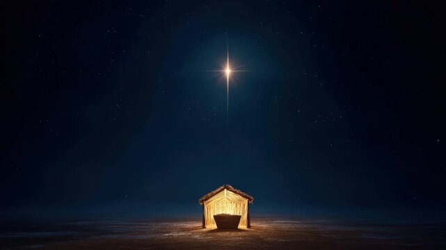 A luminous star shines brightly above a humble stable, evoking a sense of wonder and spirituality, symbolizing hope and divine guidance.,Created with Generative AI, not depicting real subjects.