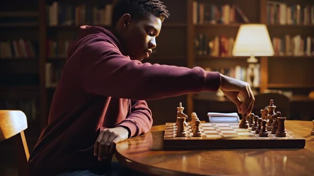 Young black man playing chess, college student in maroon hoodie sits at wooden round table in library, warm lamp glow and bookshelves in background, deep concentration analyzing position,