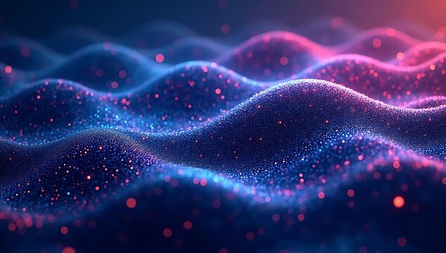 Seamless abstract pattern of glowing particles forming wave interference patterns, inspired by quantum mechanics, futuristic gradient colors, clean vector illustration, modern science wallpaper