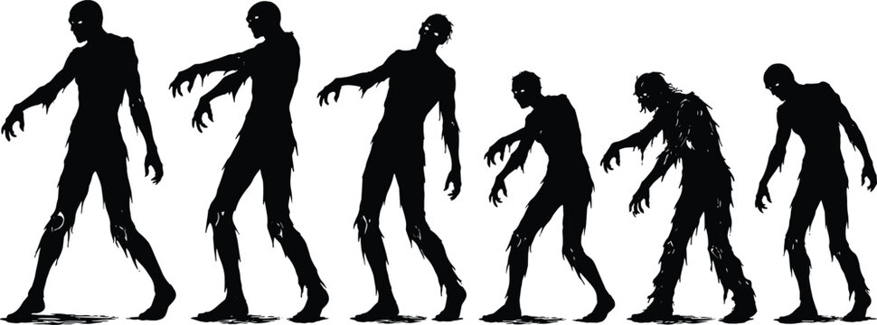 Large collection of horror themed zombie silhouettes featuring creepy undead walkers crawlers and skeletal monsters isolated on white background for Halloween and apocalyptic designs