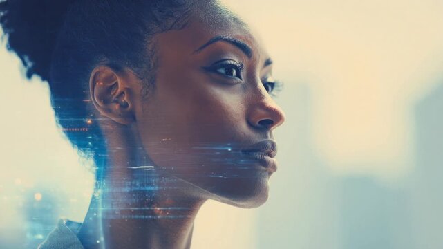 A confident woman gazes toward the horizon, embodying strength, determination, and resilience. ..Created with Generative AI, not depicting real subjects.