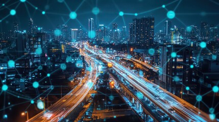 Obraz premium Abstract digital network overlay visualizing intelligent data flow across a sprawling nocturnal city highway system with motion blur light trails video footage