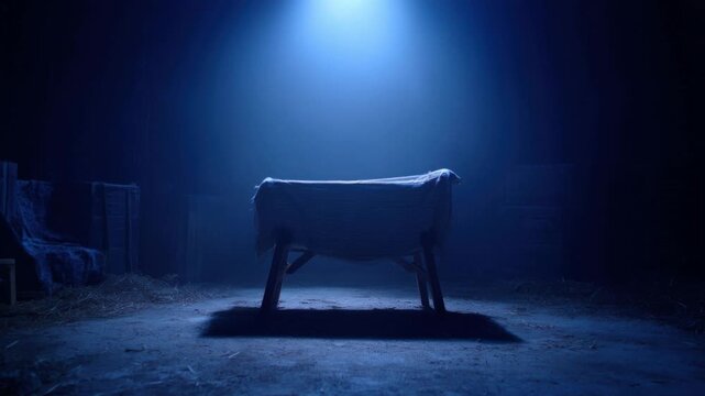 A serene crib scene under a spotlight, depicting the humble birth of a messiah. ..Created with Generative AI, not depicting real subjects. Nativity scene