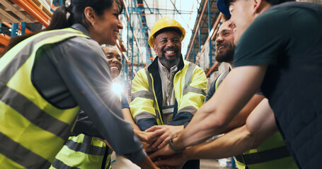 Smile, people and hand stack for logistics in warehouse with partnership, agreement and inventory....