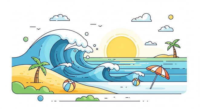 A colorful vector illustration of a beach scene with a large wave, palm trees, and a sunny sky