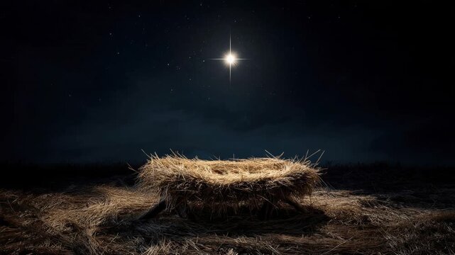 An artistic, peaceful empty manger bathed in the warm light of a celestial star against a night sky. ..Created with Generative AI, not depicting real subjects.. NAtivity scene