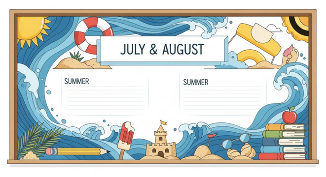 A colorful vector graphic illustration of a summer themed border with beach elements and a blank space for writing