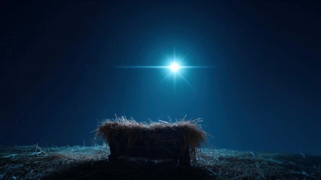 Empty manger beneath the shining celestial star, an evocative symbol of hope, peace, and the promise of new beginnings. ..Created with Generative AI, not depicting real subjects. Nativity scene