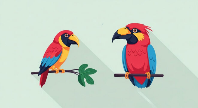 A colorful vector illustration of two parrots perched on branches with leaves