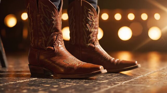 Closeup of cowboy boots on wooden floor