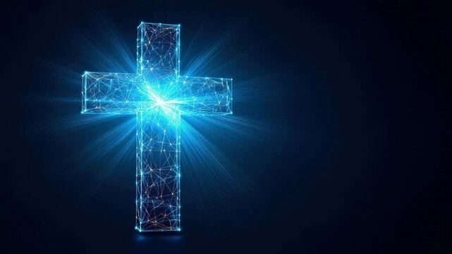 A digitally rendered, glowing cross radiates a powerful symbol of faith against a dark, celestial backdrop. ..Created with Generative AI, not depicting real subjects.